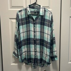 Aerie Soft Cozy Raw Hem Plaid Button Down Flannel in Aqua/Teal with Pockets